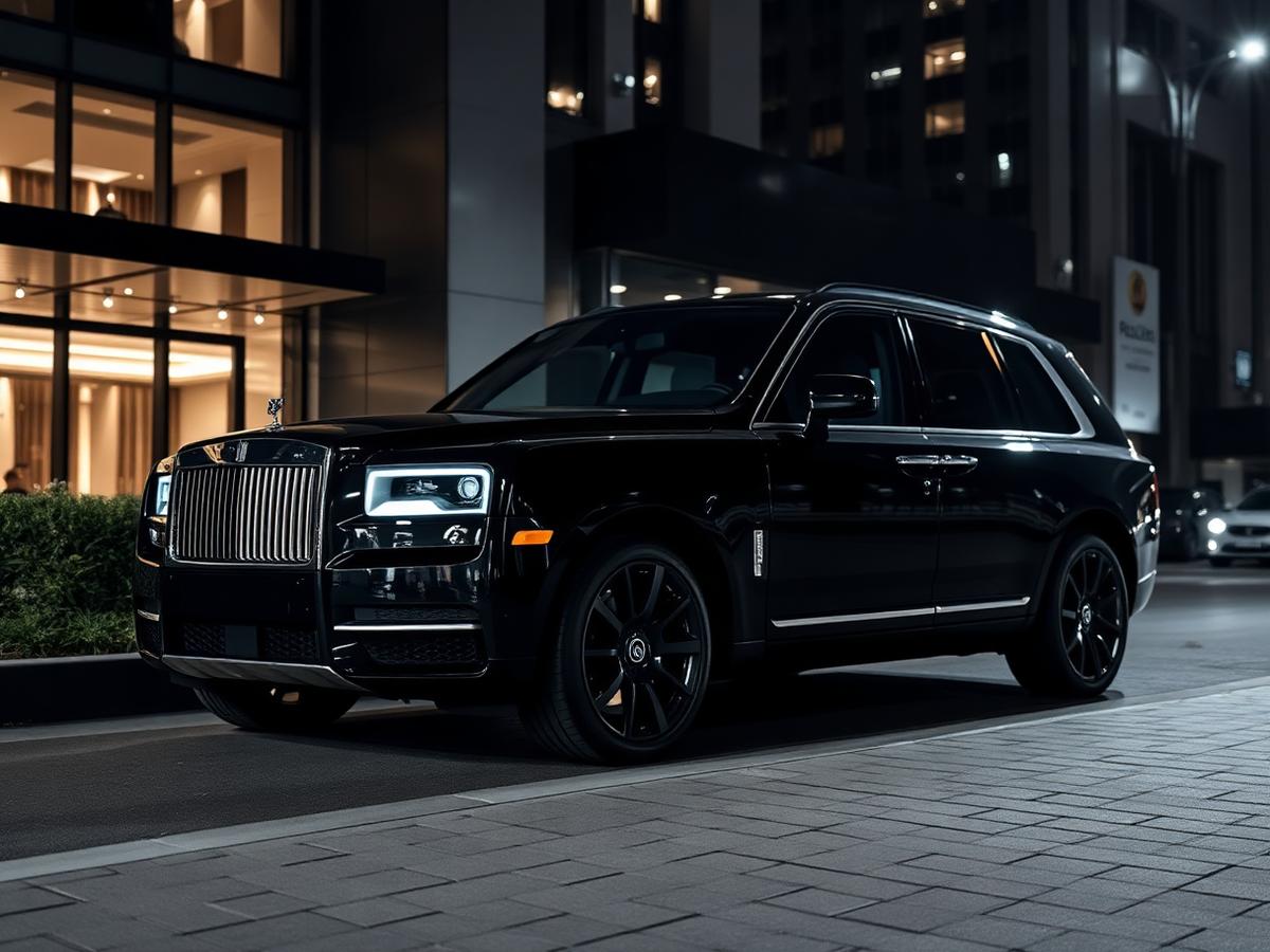 Black Rolls-Royce Cullinan chauffeur rental with the Toronto skyline